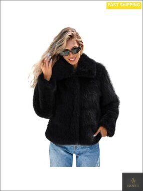 Faux Fur Coat Wide Notch Lapel Fluffy Furry Jacket Button Front